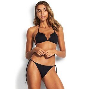 NWOT Seafolly 8 USA Petal Edge Tri Brazilian Bikini Swimsuit Top Black 127267